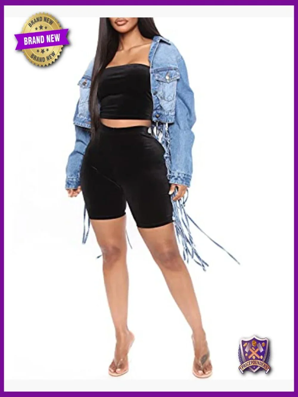 Cropped Fringe Distressed Denim Jacket Button Down Long Sleeve Jean Coat